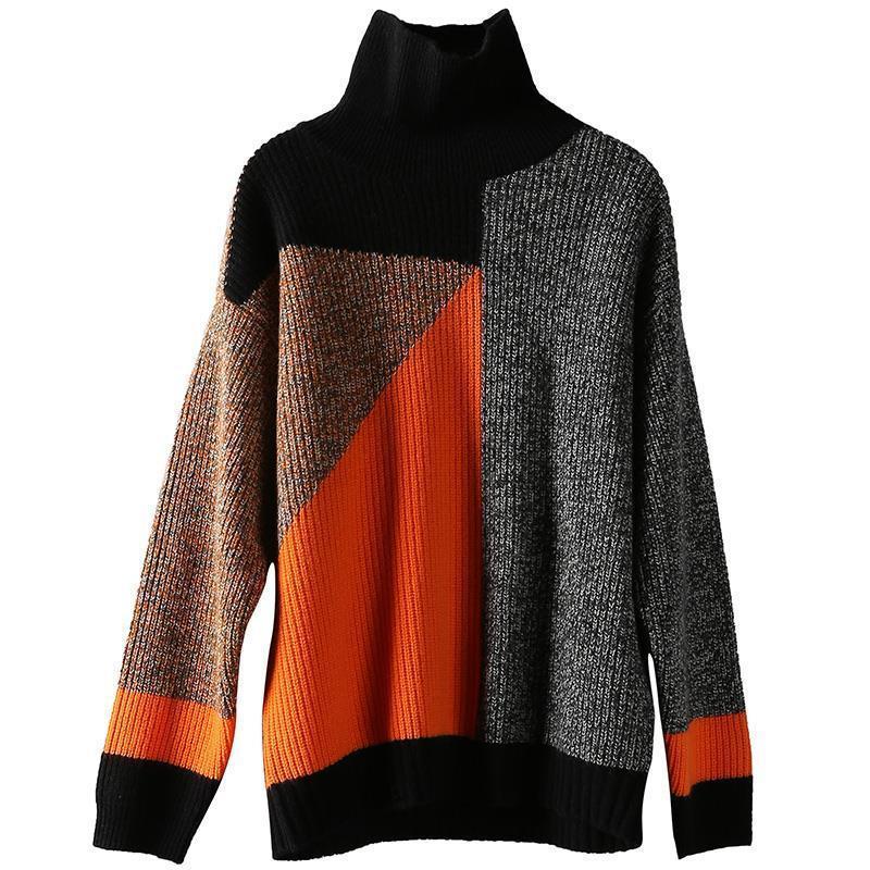 Pull Tendance Col Roulé Patchwork Rétro