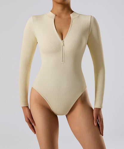 Bodysuit Longues Côtelé avec Fermeture Éclair