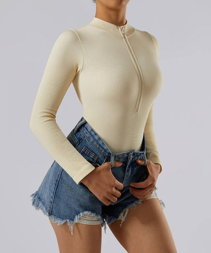 Bodysuit Longues Côtelé avec Fermeture Éclair