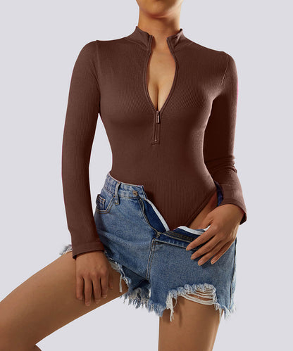 Bodysuit Longues Côtelé avec Fermeture Éclair