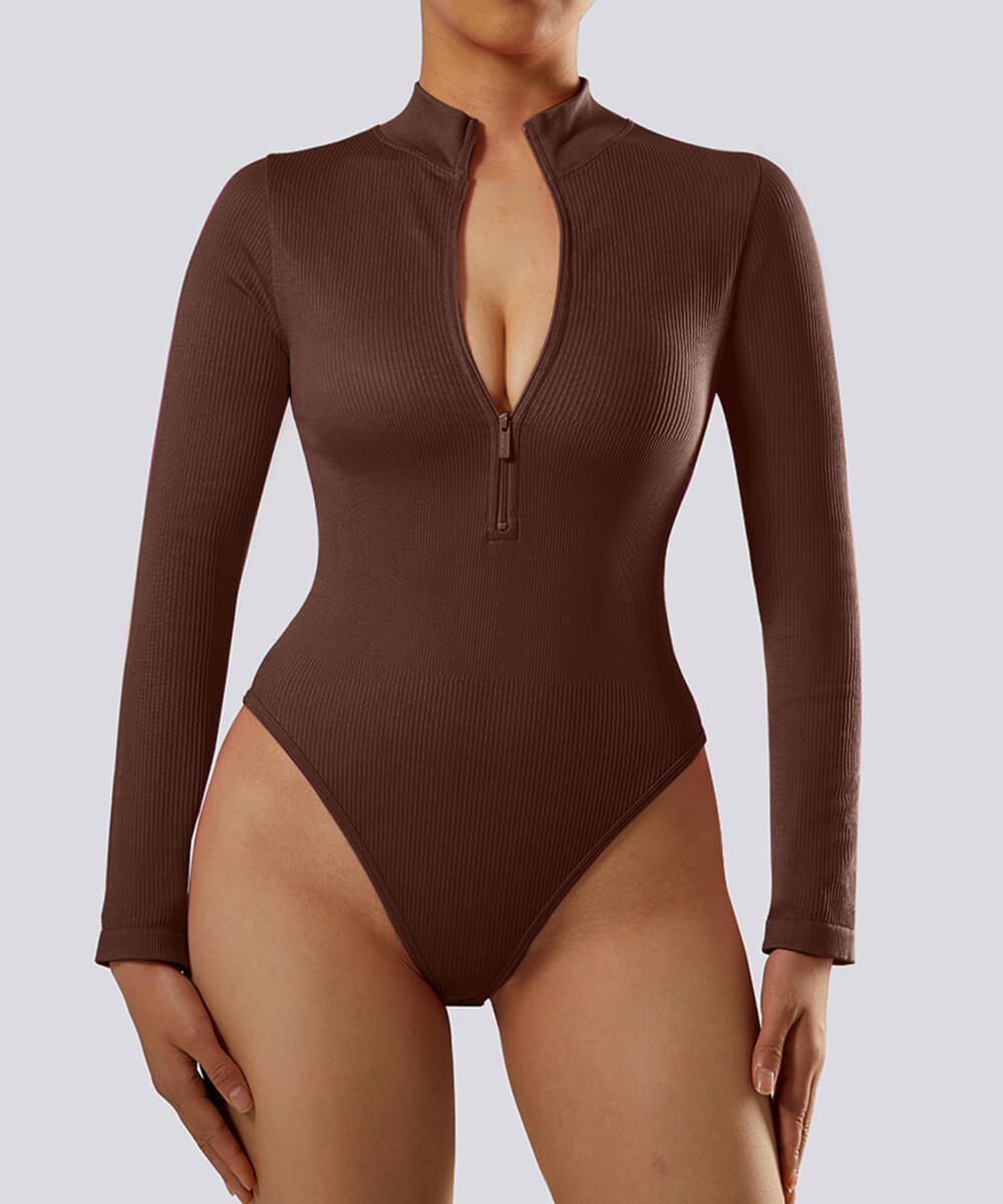 Bodysuit Longues Côtelé avec Fermeture Éclair
